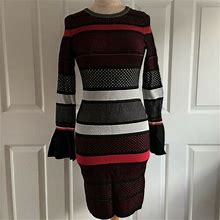 Frank Lyman Black Red Striped Sweater Dress Bell Trumpet Sleeves