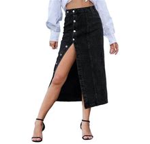 Gzea High Waisted Skirts For Women Women's Clothing European And American Button Irregular Slit Denim High Waist Long Skirt Casual Showing Figure Blac