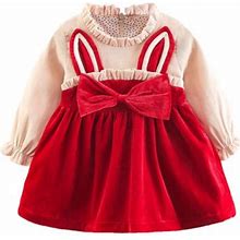 Toddler Girls Long Sleeve Winter Bowknot Rabbit Ears Dress Princess Dress Daily Dresses 12m-18m