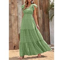 Floral Tiered V-Neck Smocked Waist Maxi Dress Green / S