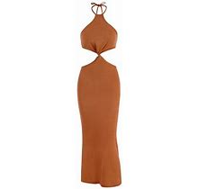 Zaful For Ladies Prom Dress Or Cocktail Dress Halter Knit Cutout Slinky Maxi Sleeveless Dress Orange S