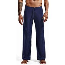 Outtop Men's Yoga Pants Wide Leg Drawstring Waist Silk Loungewear Pants Straight Fits Stretch Workout Pajama Pants (Navy, L)