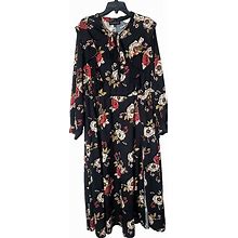 Eloquii Black Floral Print Pleated Boho Long Sleeve Maxi Dress Womans