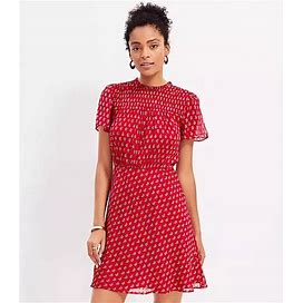 Loft Petite Paisley Clip Smocked Yoke Flare Dress Size 2 Tango Red Women's