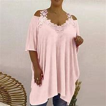 Dh Plus Size Womens Lace V-Neck Tunic Tops Summer Cold Shoulder Casual Loose Shirt Oversized Ladies Fashion Clothes Clothing 2023