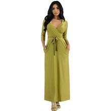 Women's Maxi Satin Dress 3/4 Sleeve Surplice Neckline With Pockets For Casual And Formal Dresses And Any Other Occasions(Light Olive-3X Plus Size)