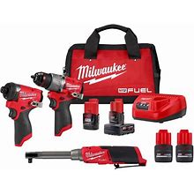 M12 FUEL 12V Cordless 2-Tool Combo Kit W/M12 FUEL 3/8 in. Extended Reach High Speed Ratchet & (2) HO 2.5 Ah Batteries
