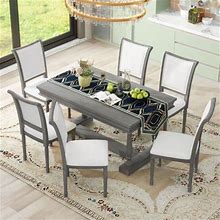 Rhomtree Gray Retro Dining Table Set With 4 Trestle Base And 6 Upholstered Chairs With Slightly Curve And Ergonomic Seat Back Piece Dining Room Table