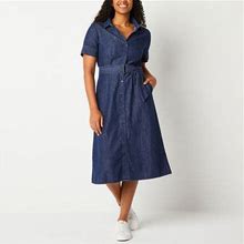 Liz Claiborne Short Sleeve Midi Shirt Dress | Blue | Womens 10 | Dresses Shirt Dresses | Belted