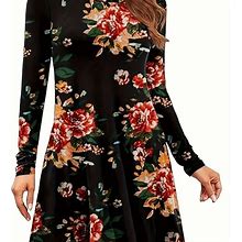 Floral Print Crew Neck Pocket Dress, Women's Flared Vintage Floral Print Dress Spring Fall Women's Clothing Long Sleeve Dress,Black,Reliable,By Temu