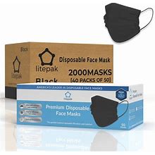 Litepak 2000Pcs Disposable Face Masks Black 3-Ply Adult Mask Nose Wire Protection - Breathable Protective Face Covering