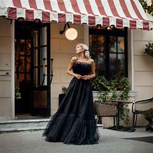 Black Evening Dress, Strapless Prom Dress Long, Gala Dinner Dress, Black Tie Dress, A-Line Evening Dress With Pleated Lace Up Corset