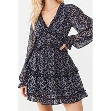 Forever 21 Dresses | Forever 21 Navy Dainty Floral Long Sleeve Tiered Mini Dress Sz S | Color: Blue | Size: S