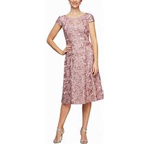 Alex Evenings Women's Tea Length Cap Sleeve Rosette Dress (Petite And Regular)
