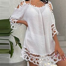 Wycnly Dresses For Women 2024 Sexy Lace Trim Cold Shoulder Beach Cover Ups Dresses Short Sleeve Halter Solid Summer Mini Sun Dress White One Size Clea
