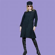 60'S Black Mod Shift Dress With Pleated Hem