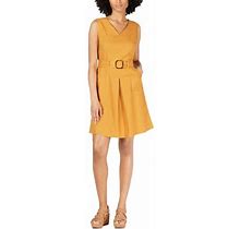 Monteau Women's Petite Belted Fit & Flare Dress Mustard Size Medium