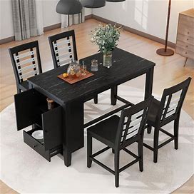 Counter Height 5-Piece Black And White Faux Marble Tabletop Dining Set With 4-Chairs, Storage Cabinet And Drawer