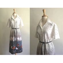 Vintage Shirtwaist Dress - 70S Shift - Polka Dot - Floral Print - Ellen Rogers - Medium