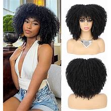 WIGER Short Kinky Curly Wigs For Black Women Black Curly Afro Wig Short Curly Bob Hair Wig 1B Synthetic Heat Resistant Hair Wigs With Bangs 14 Inch