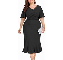 LALAGEN Plus Size Dress For Women Modest Short Sleeve Ruched Bodycon Mermaid Cocktail Midi Dresses 1X-6X