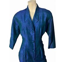 Vintage 80'S Blue Silk Fitted Shirt Dress L