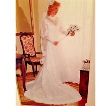 Vintage White Bridal Gown Size 8 Lace, Pearls, Long Puff Sleeve High
