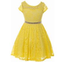Big Girl Cap Sleeve Lace Skater Stone Belt Flower Girls Dresses (19Jk88s) Yellow 12