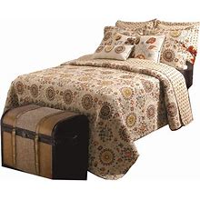Elbe 4 Piece Twin Quilt Set With Medallion And Floral Pattern Beige And Brown -