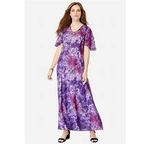 Roaman's Women's Plus Size Flutter-Sleeve Crinkle Dress - 18/20, Lavender Tie Dye Floral
