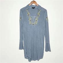 POL Dress Blue Long Sleeve Embroidered Boho Tunic Size Small