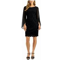 Connected Apparel Womens Black Stretch Lace Animal Print Flutter Sleeve Round Neck Above The Knee Party Sheath Dress 10
