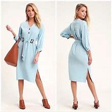Lulus Dress Chambray Shift Belted Blue Small Gwendolyn