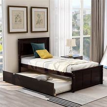 Euroco Wood Twin Platform Bed With Headboard & Trundle For Child, Espresso