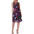 Jessica Howard Petite Floral-Mesh Fit & Flare Dress - Navy Multi - Size 14P