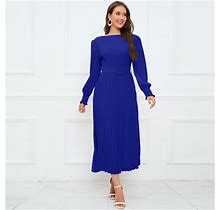 Rigardu Dresses For Women Womens Dresses Ladies Round Neck Long Sleeve Solid Color Pleated Dress Slim A Line Dress Blue+L