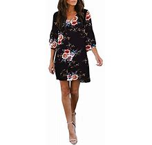 Belongsci Womens Dress Sweet Cute Vneck Bell Sleeve Shift Dress Mini Dress, Black Floral