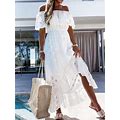 Women Plain Boat Neck Short Sleeve Comfy Casual Lace Maxi Dress White/M