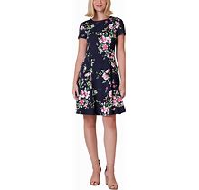Jessica Howard Petite Printed Jewel-Neck Fit & Flare Dress - Navy/Yellow - Size 14P