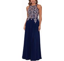 Betsy & Adam Petite Embroidered Gown - Navy/Rose