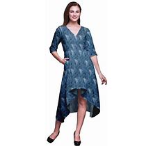 Bimba Cotton Blue Facets Triangle Geometric Rinted Womens Asymmetrical Shift Dress With Pockets Casual Midi Dress-Medium