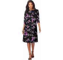 Plus Size Women's Ultrasmooth® Fabric Boatneck Swing Dress By Roaman's In Purple Rose Floral (Size 26/28) Stretch Jersey 3/4 Sleeve Dress