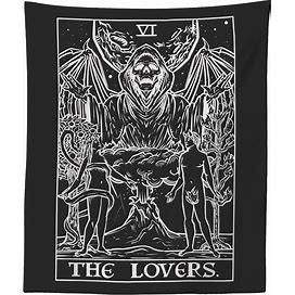 The Lovers Tarot Card Tapestry (Black & White) - Grim Reaper - Gothic Couple Halloween Home Decor Wall Hanging (59" X 51")