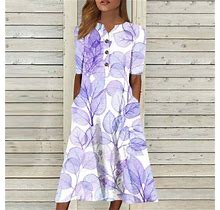 Kscykkkd Dresses For Women Female V-Neck Elbow-Length Floral Surplice Dress Long Casual Pocket Surplice Dress Light Purple S