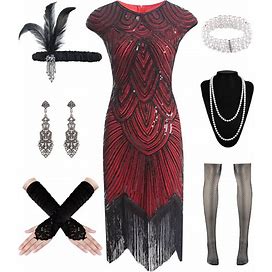 WILDPARTY 1920S Women Flapper Dresses Sequin Dresses Vintage Lace Fringed Cocktail Dress With 20S Accessories Set