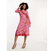 Never Fully Dressed Contrast Wrap Midi Dress In Pink And Red Chili Print - Pink (Size: 2)