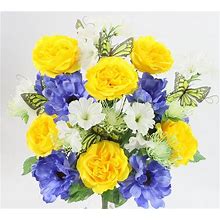Admired By Nature ABN1B019-YW-BL-CM Artificial Spring Flower Bush 24 Stem Open Rose/Cosmos Daisy Mix Bush, Yellow/Blue/Cream