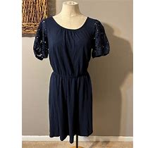 Talbots Dress Petite Medium Navy Blue Short Sleeve Cotton Modal Summer