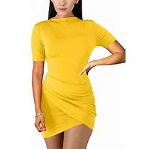 BORIFLORS Women's Sexy Wrap Front Long Sleeve Ruched Bodycon Mini Club Dress,X-Large,Yellow