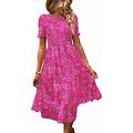 YESNO Women's Summer Causal Short Sleeve Smocked Dress Elastic Waist Tiered Midi Dress With Pockets E10